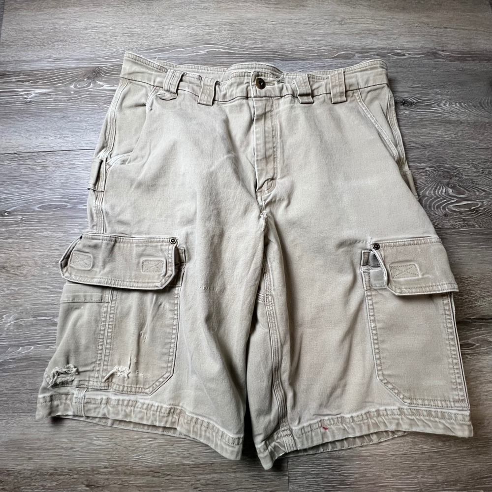 Vintage Cargo Shorts Mens 34 Khaki Tan Distressed Cotton Canvas Utility Workwear
